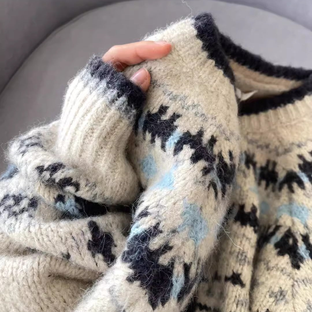 Cárdigan de Punto Jacquard Vintage – Botón Único Holgado para Otoño-Invierno