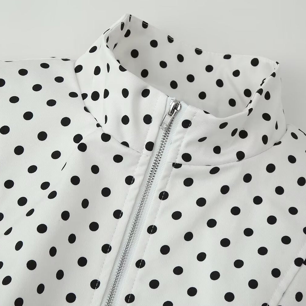 Chaqueta Corta de Manga Larga con Cuello Mao y Lunares – Estilo Urbano