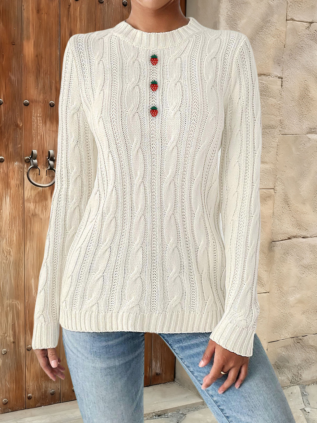 Suéter de Punto con Botones de Fresa – Cuello Redondo Pullover Mujer