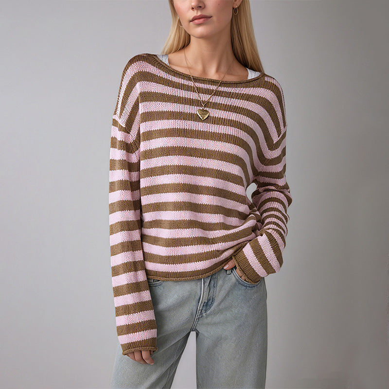 Suéter Pullover a Rayas Bicolor – Holgado Casual Cuello Redondo para Mujer