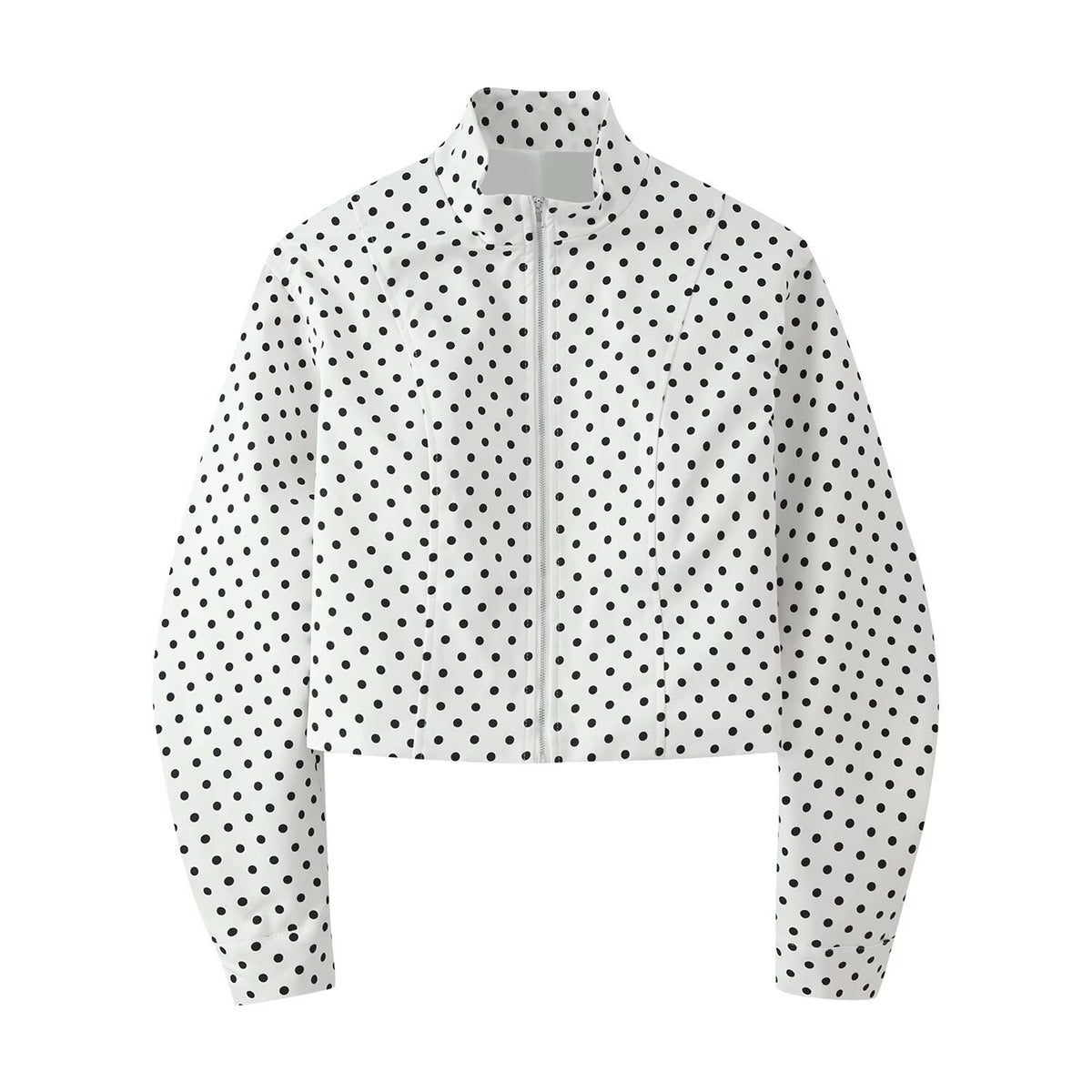 Chaqueta Corta de Manga Larga con Cuello Mao y Lunares – Estilo Urbano