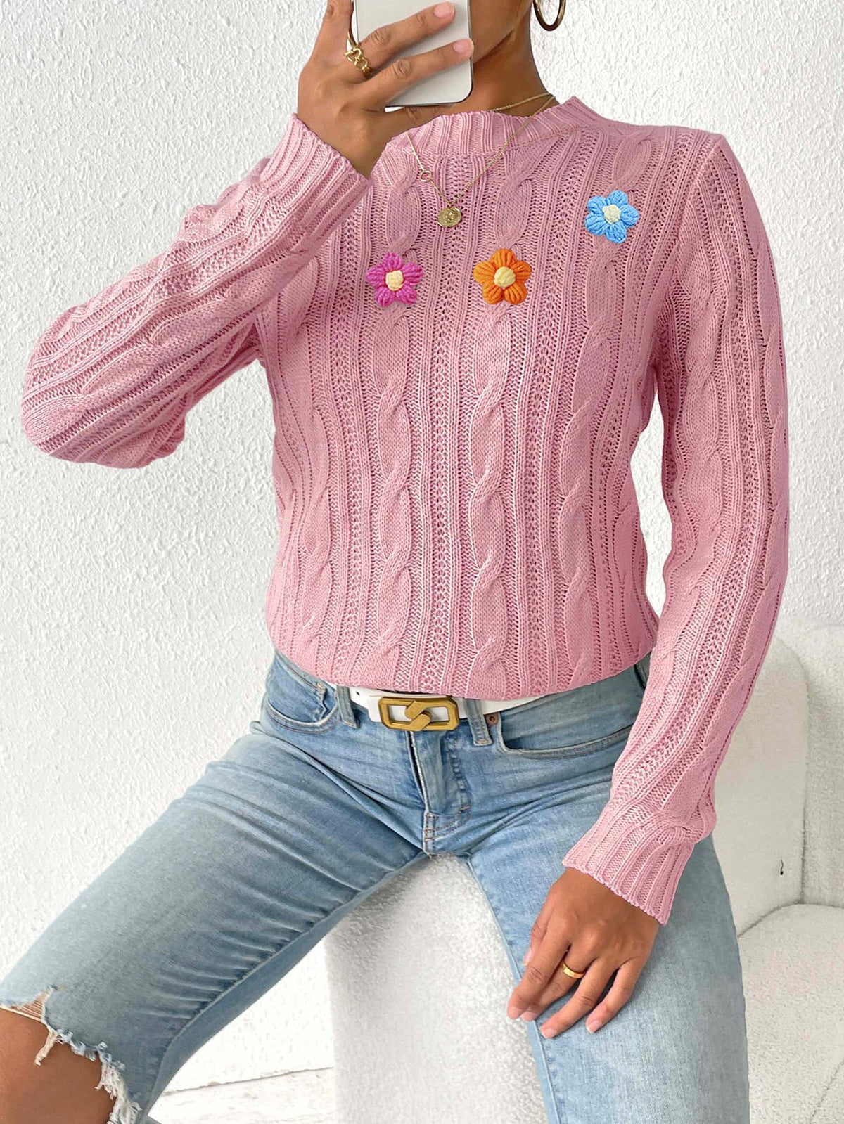 Top Pullover de Cuello Redondo con Flores en Crochet para Mujer