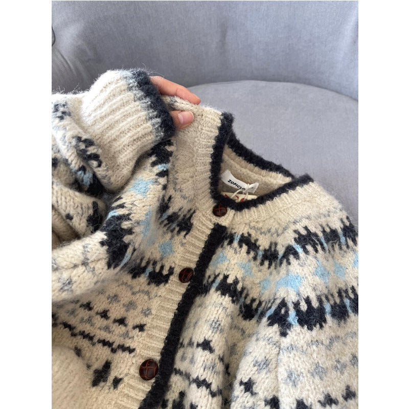 Cárdigan de Punto Jacquard Vintage – Botón Único Holgado para Otoño-Invierno