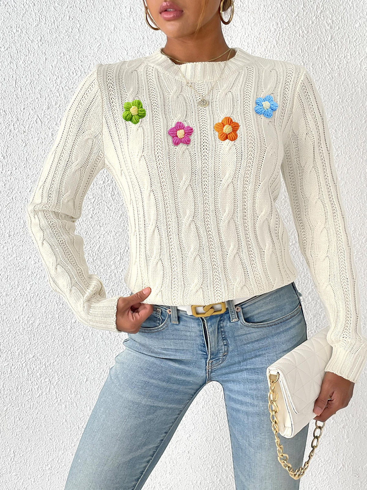Top Pullover de Cuello Redondo con Flores en Crochet para Mujer