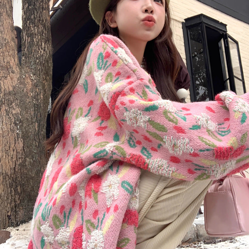 Cárdigan de Punto Holgado Talla Única – Estilo Dulce Floral Otoño Mujer