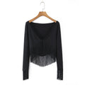 Top de Cuello en V con Flecos y Alta Elasticidad – Estilo Vacacional