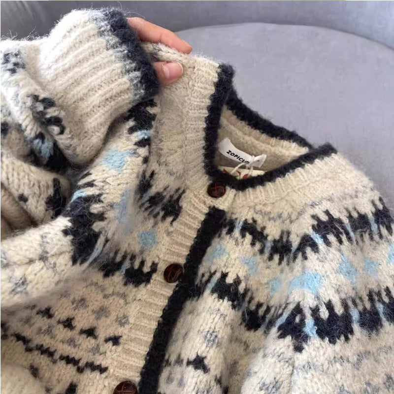 Cárdigan de Punto Jacquard Vintage – Botón Único Holgado para Otoño-Invierno