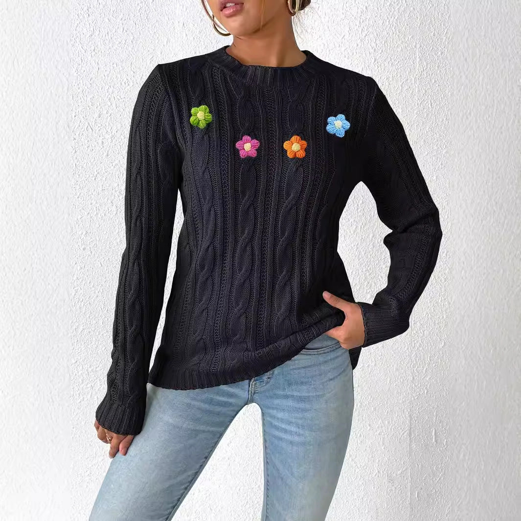 Top Pullover de Cuello Redondo con Flores en Crochet para Mujer