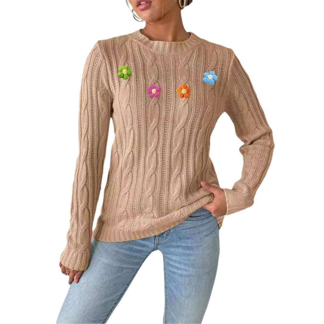 Top Pullover de Cuello Redondo con Flores en Crochet para Mujer