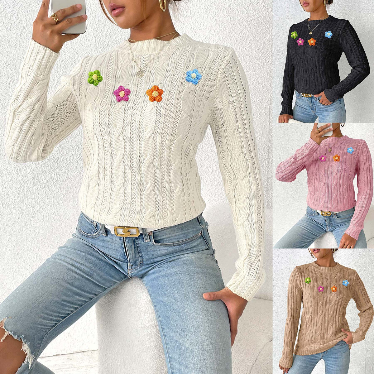 Top Pullover de Cuello Redondo con Flores en Crochet para Mujer