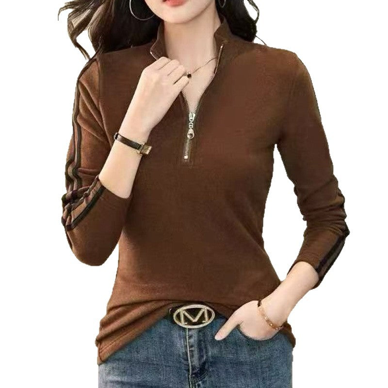 Top de Terciopelo Doble Cara con Cuello Alto y Cremallera – Manga Larga Mujer