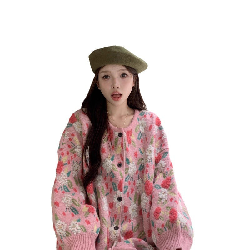 Cárdigan de Punto Holgado Talla Única – Estilo Dulce Floral Otoño Mujer