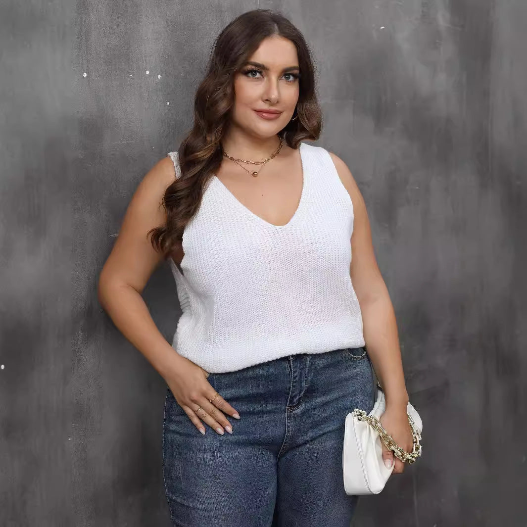 Top de Punto con Espalda Cruzada y Cuello V – Holgado Sin Mangas Tallas Grandes