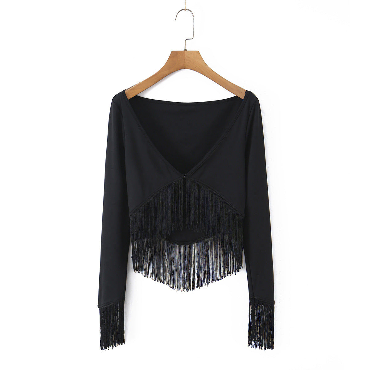 Top de Cuello en V con Flecos y Alta Elasticidad – Estilo Vacacional