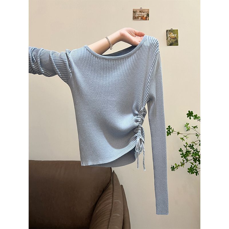 Top de Punto Gris con Cintura Fruncida – Slim Fit Manga Larga