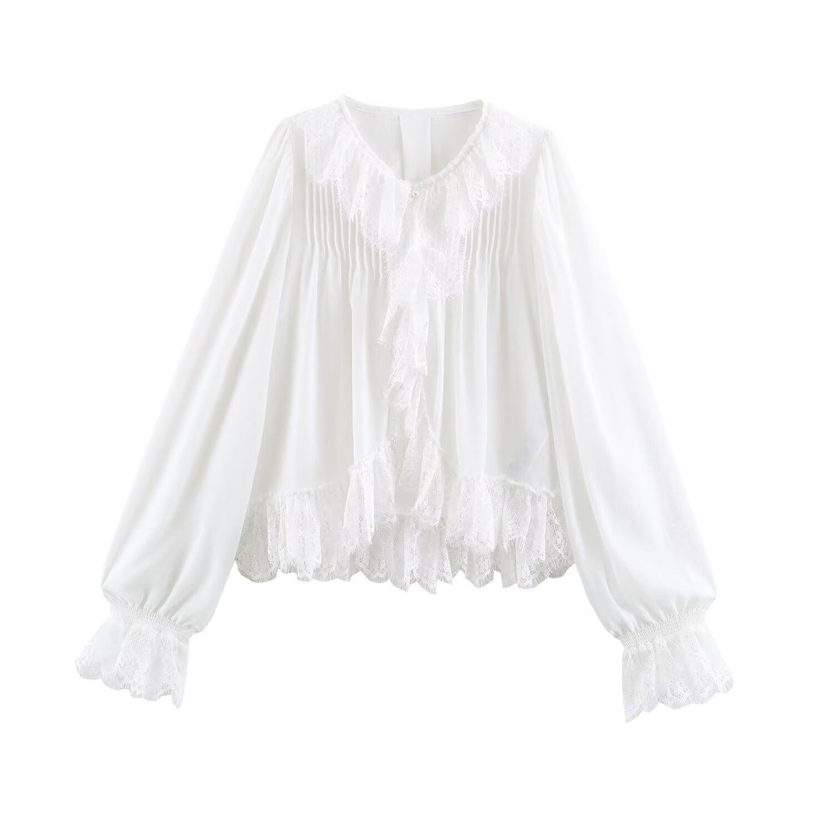 Blusa Elegante de Encaje con Botones de Perla – Manga Larga