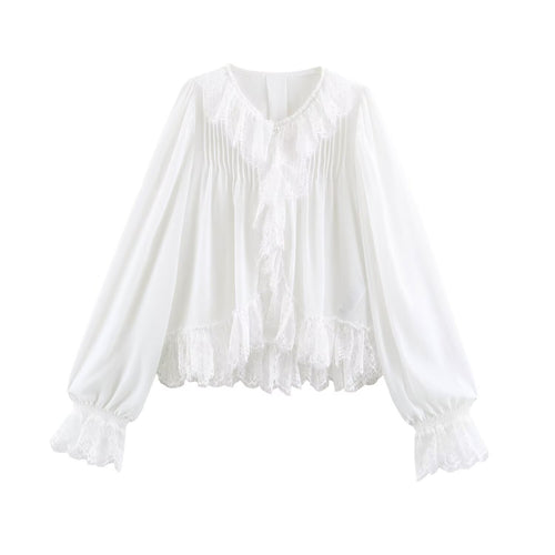 Blusa Elegante de Encaje con Botones de Perla – Manga Larga