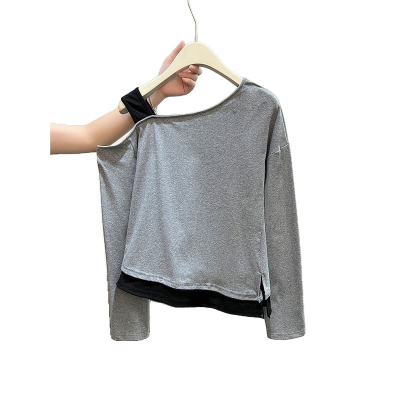 Top de Manga Larga con Hombro Descubierto Asimétrico – Dos Piezas Slim Fit