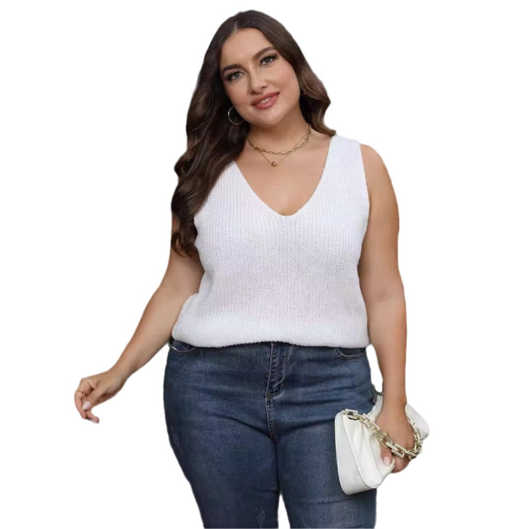 Top de Punto con Espalda Cruzada y Cuello V – Holgado Sin Mangas Tallas Grandes