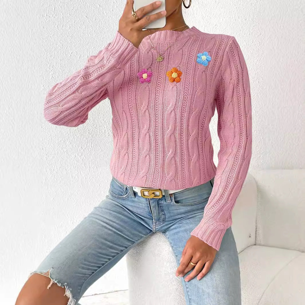 Top Pullover de Cuello Redondo con Flores en Crochet para Mujer