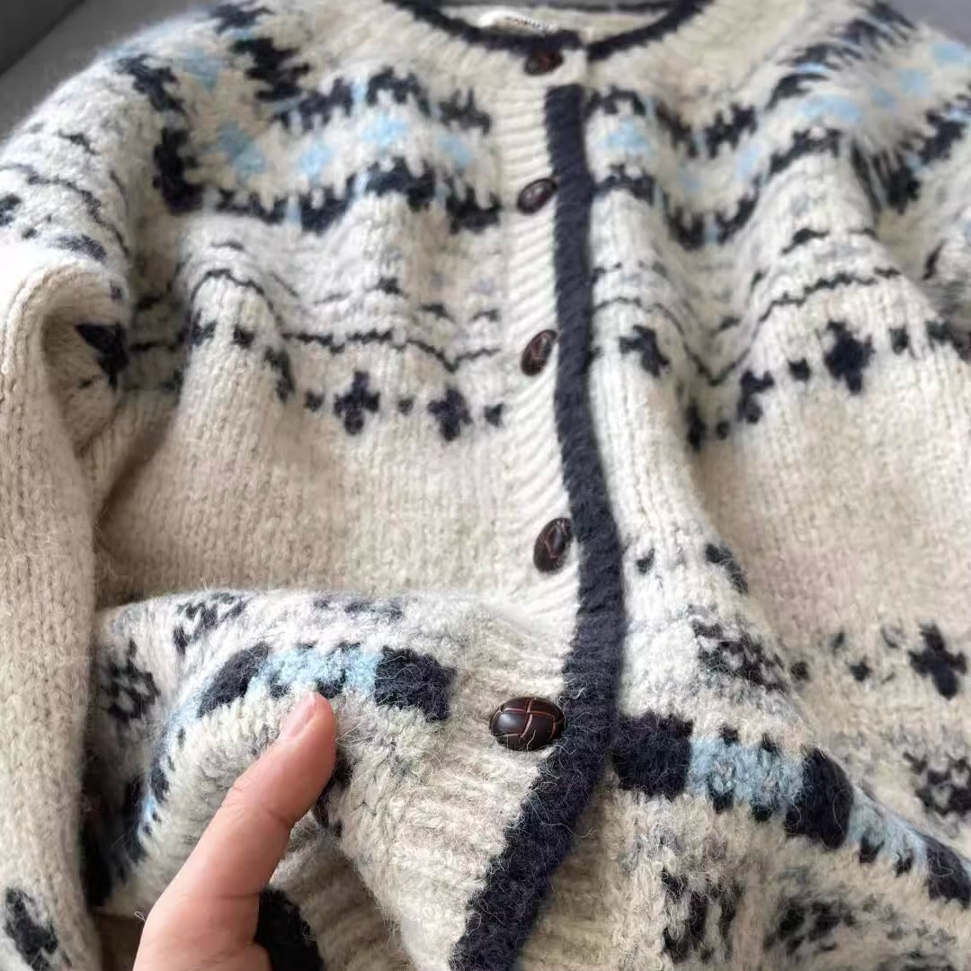 Cárdigan de Punto Jacquard Vintage – Botón Único Holgado para Otoño-Invierno