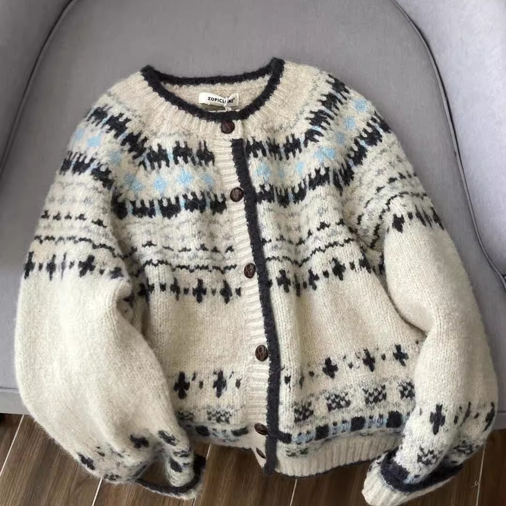 Cárdigan de Punto Jacquard Vintage – Botón Único Holgado para Otoño-Invierno