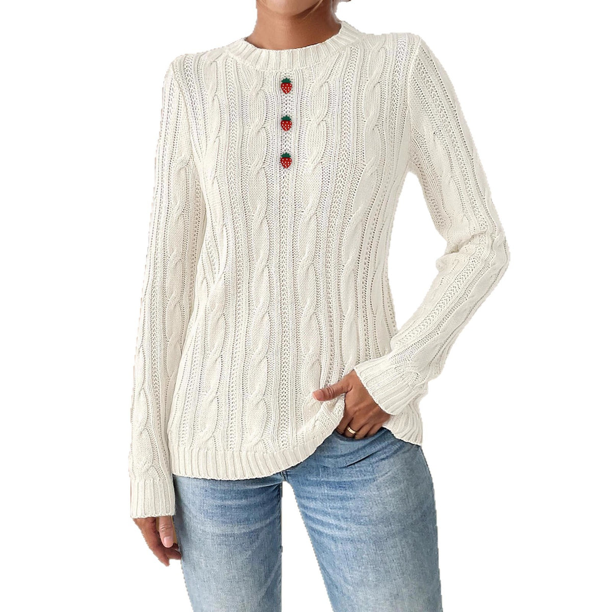 Suéter de Punto con Botones de Fresa – Cuello Redondo Pullover Mujer