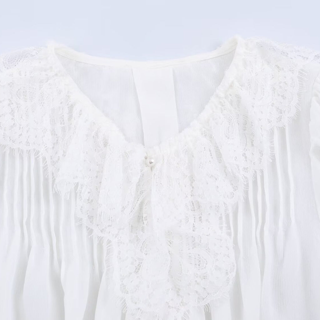 Blusa de Encaje con Botones de Perla – Manga Larga para Mujer
