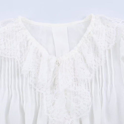 Blusa de Encaje con Botones de Perla – Manga Larga para Mujer
