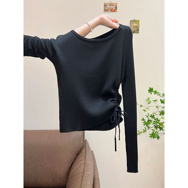 Top de Punto Gris con Cintura Fruncida – Slim Fit Manga Larga