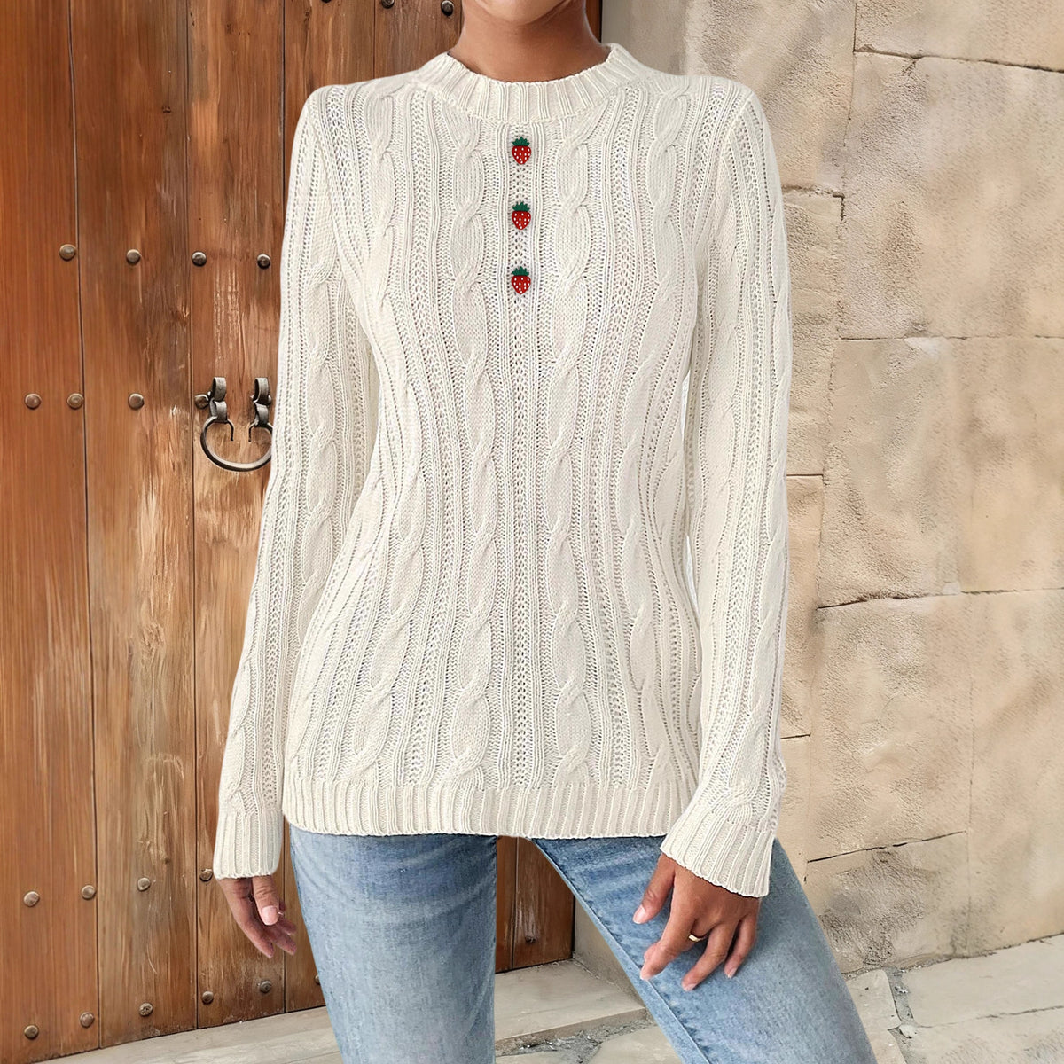 Suéter de Punto con Botones de Fresa – Cuello Redondo Pullover Mujer
