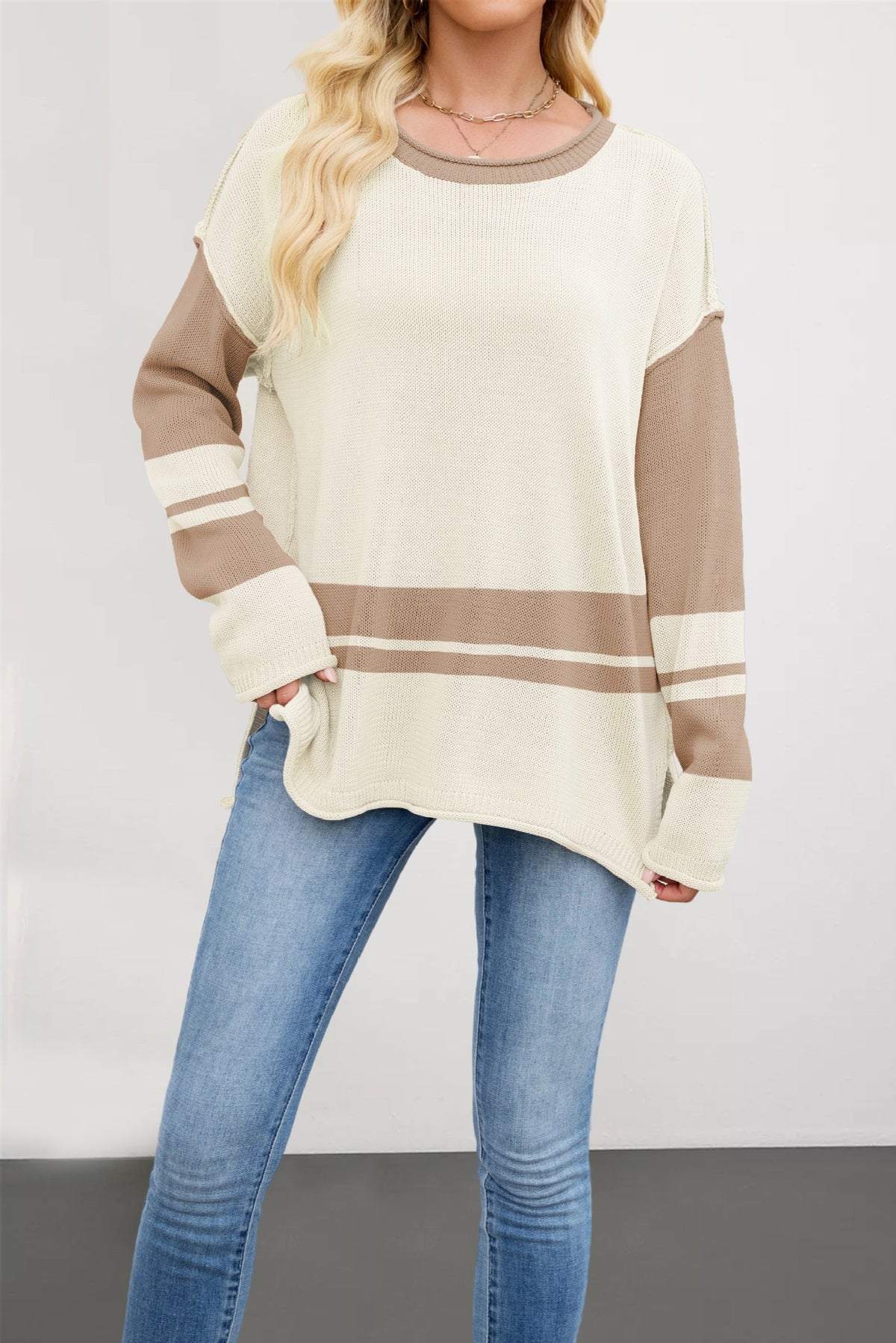Suéter Pullover Holgado de Bloques de Color – Cuello Redondo Mujer
