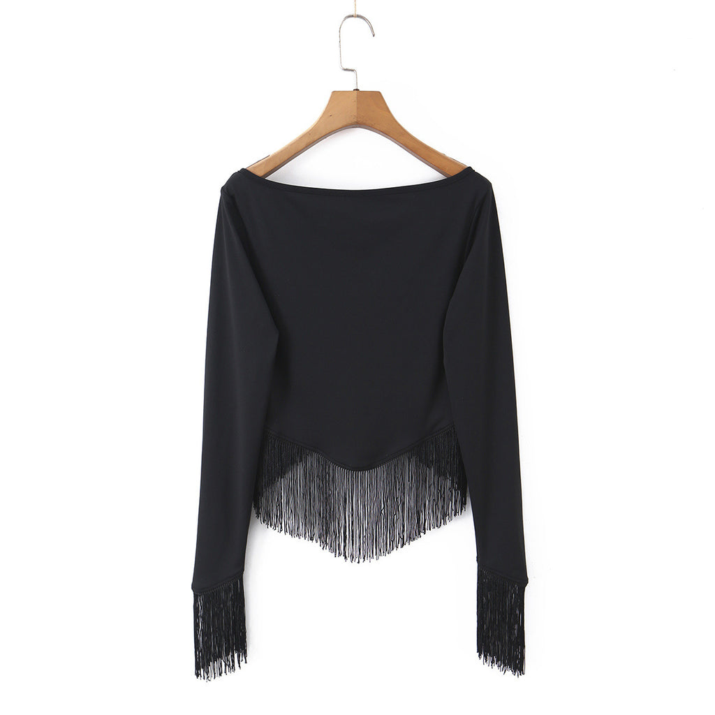 Top de Cuello en V con Flecos y Alta Elasticidad – Estilo Vacacional