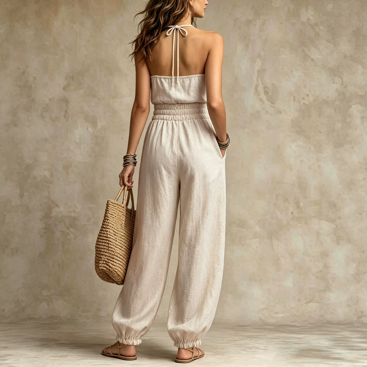 Mono Bohémico Halter de Encaje – Cintura Alta Sin Mangas para Vacaciones