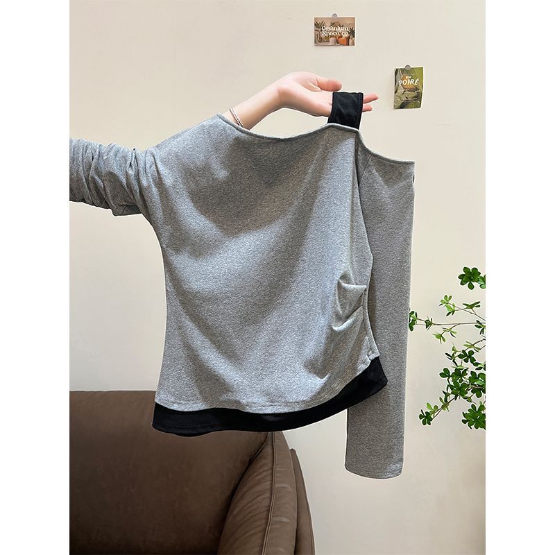 Top de Manga Larga con Hombro Descubierto Asimétrico – Dos Piezas Slim Fit