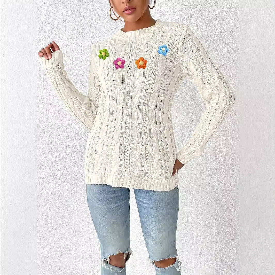 Top Pullover de Cuello Redondo con Flores en Crochet para Mujer