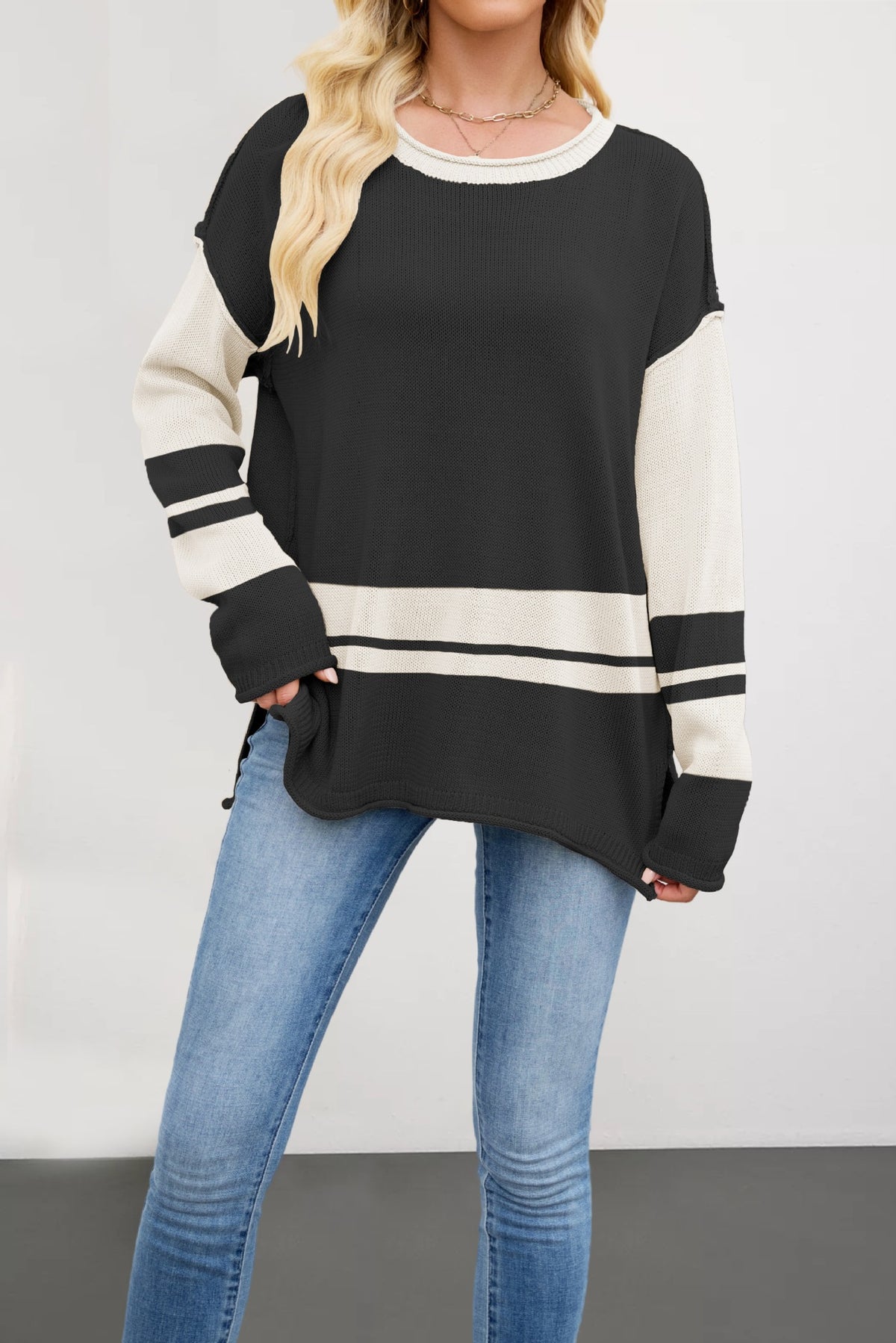 Suéter Pullover Holgado de Bloques de Color – Cuello Redondo Mujer