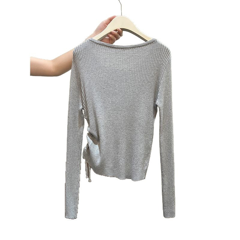 Top de Punto Gris con Cintura Fruncida – Slim Fit Manga Larga
