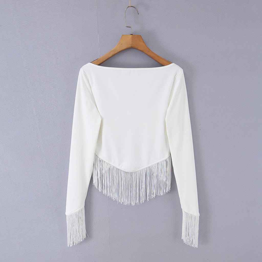Top de Cuello en V con Flecos y Alta Elasticidad – Estilo Vacacional