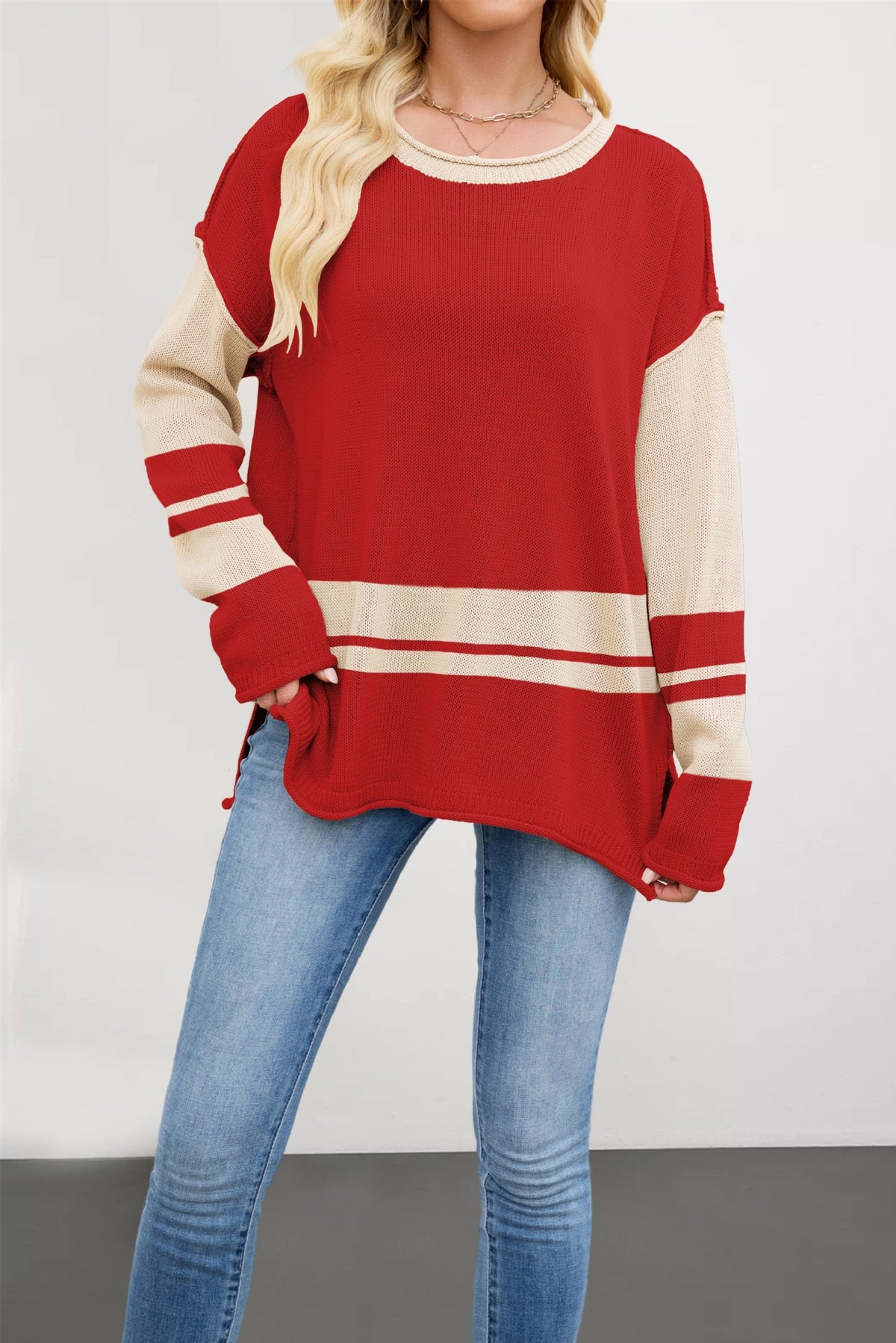 Suéter Pullover Holgado de Bloques de Color – Cuello Redondo Mujer